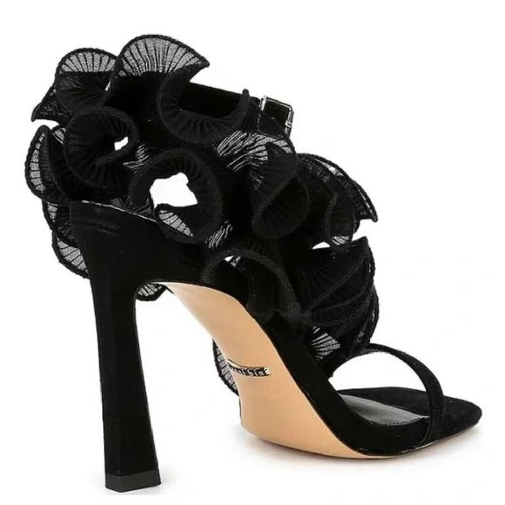 Gianni Bini Franz Sandals High Heels Size 6 Black Suede Chiffon Ruffle NEW - Picture 2 of 15